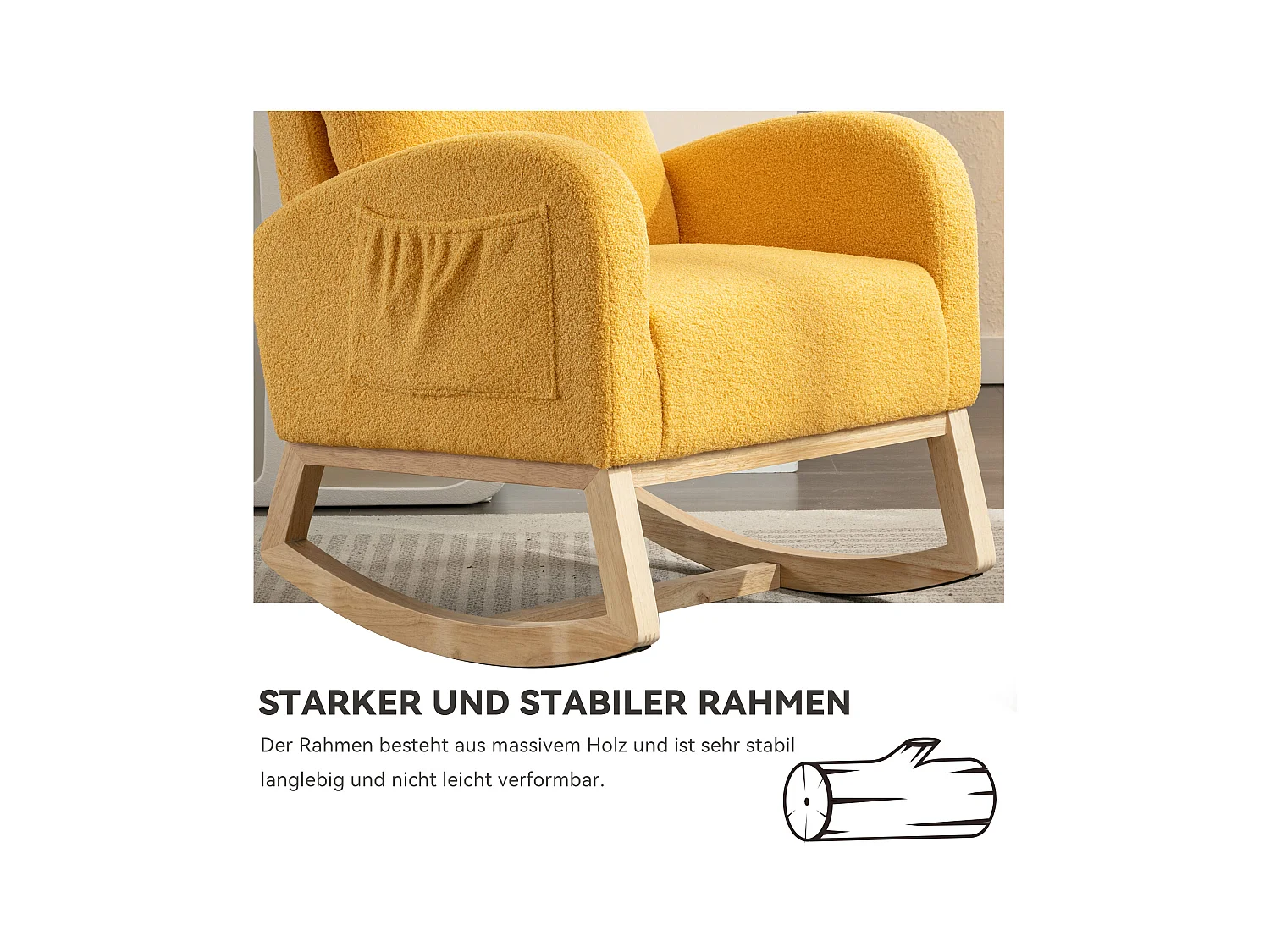 Moderna sedia a dondolo in tessuto felpato, braccioli imbottiti, con poggiapiedi retrattile, gialla (80x71x104,5 cm)