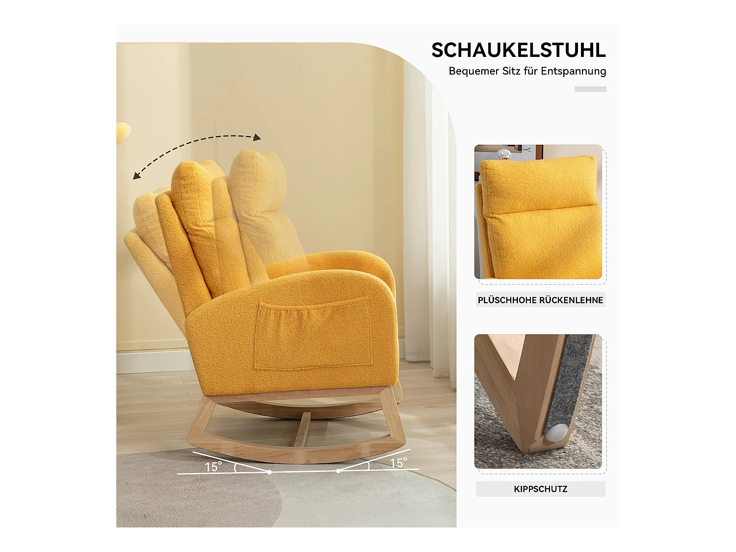 Moderna sedia a dondolo in tessuto felpato, braccioli imbottiti, con poggiapiedi retrattile, gialla (80x71x104,5 cm)