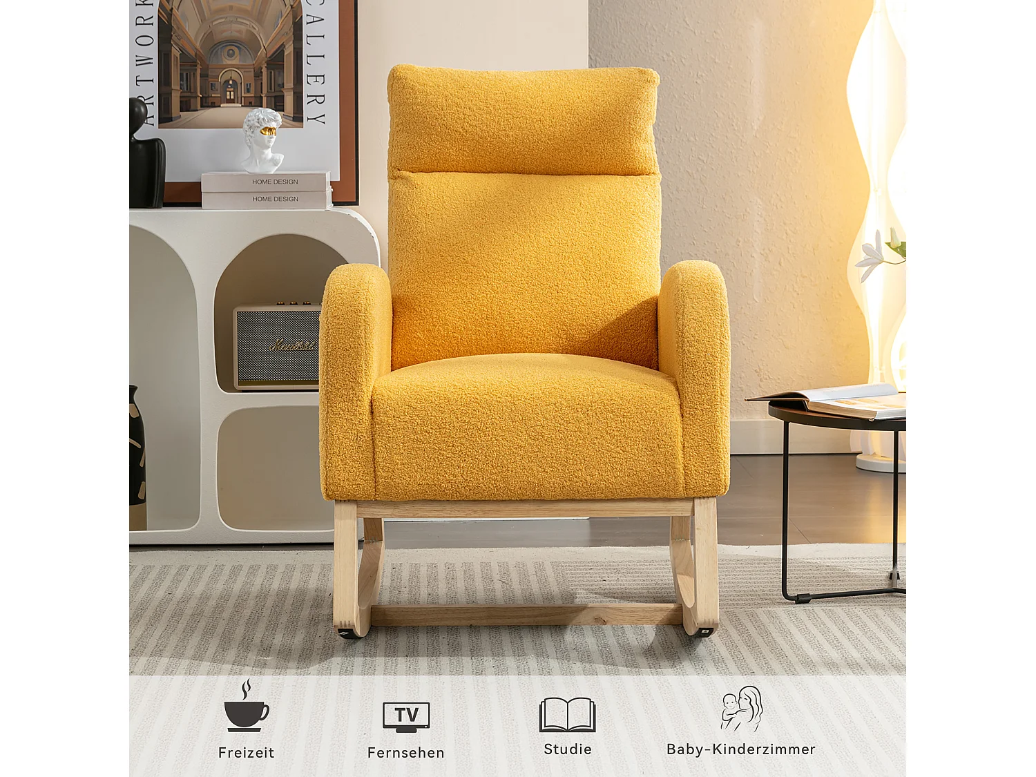 Mecedora moderna de tela afelpada, reposabrazos acolchados y reposapiés retráctil, color amarillo (80 x 71 x 104,5 cm)