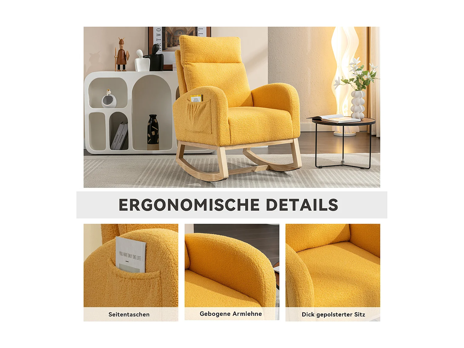 Mecedora moderna de tela afelpada, reposabrazos acolchados y reposapiés retráctil, color amarillo (80 x 71 x 104,5 cm)