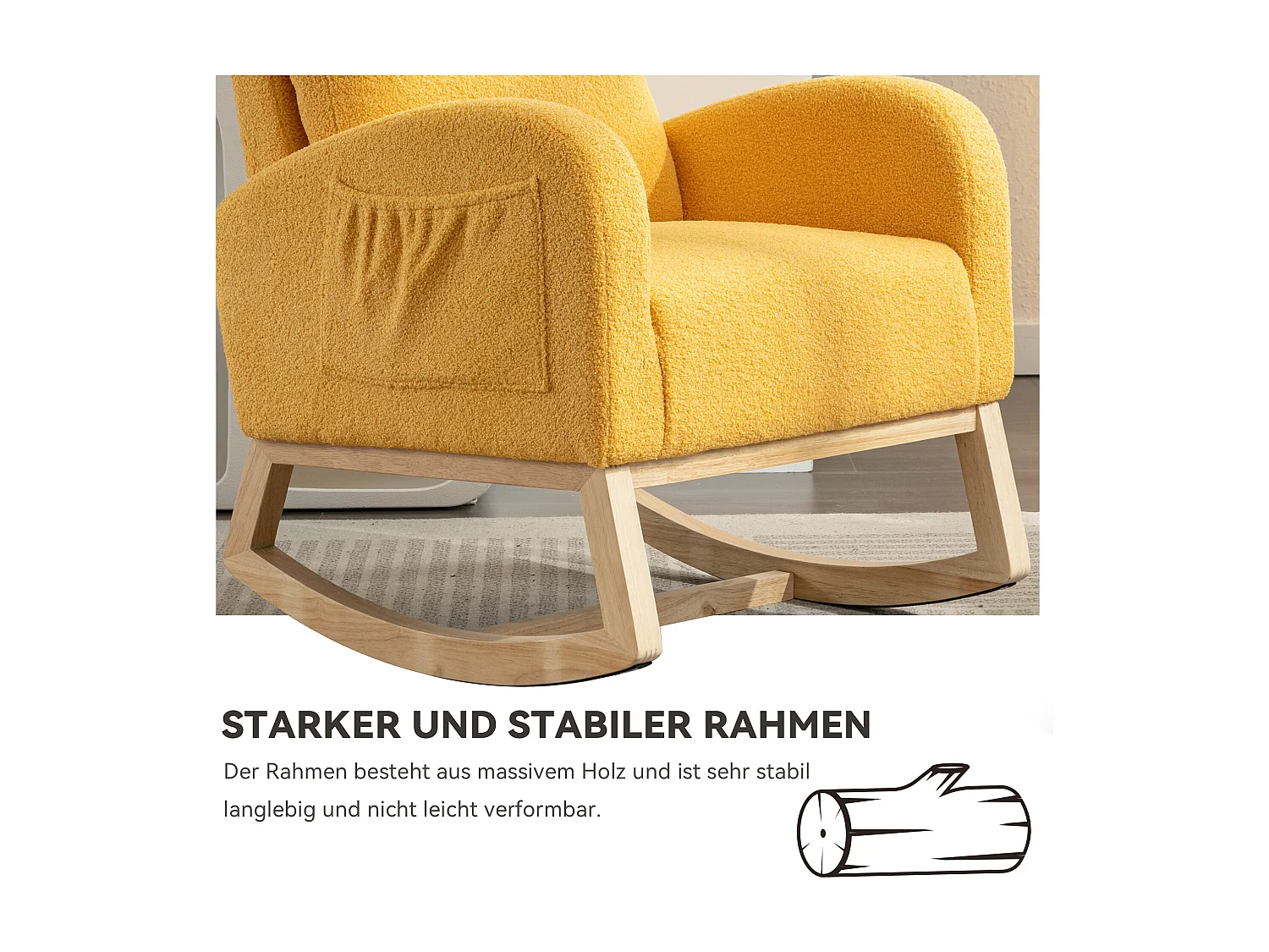 Mecedora moderna de tela afelpada, reposabrazos acolchados y reposapiés retráctil, color amarillo (80 x 71 x 104,5 cm)