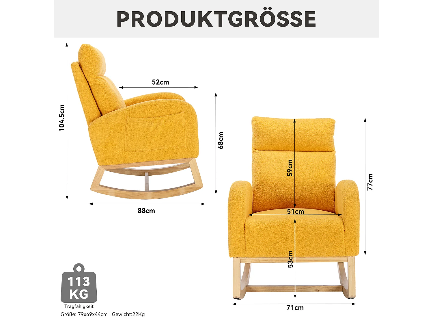 Mecedora moderna de tela afelpada, reposabrazos acolchados y reposapiés retráctil, color amarillo (80 x 71 x 104,5 cm)