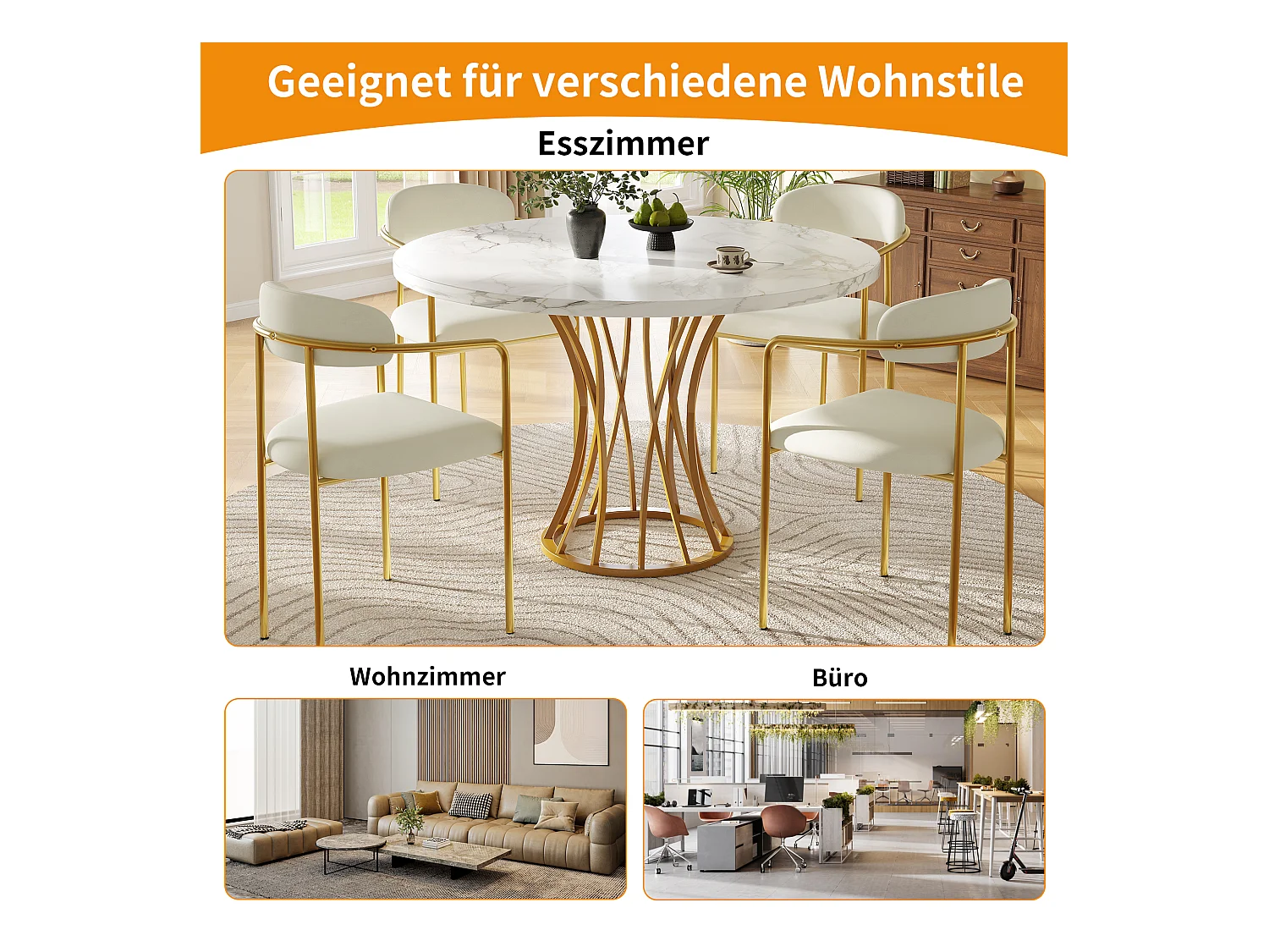 Table à Manger Ronde, Design Moderne, MDF, Pieds Métalliques Noirs, Plateau Effet Marbre Blanc, (80 x 80 x 76 cm)