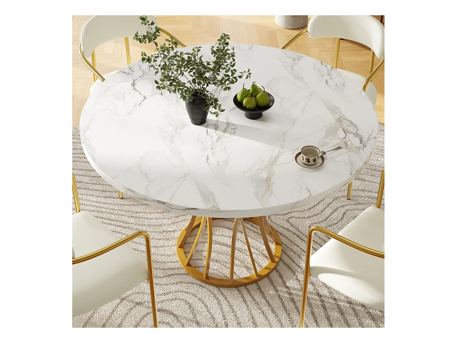 Table à Manger Ronde, Design Moderne, MDF, Pieds Métalliques Noirs, Plateau Effet Marbre Blanc, (80 x 80 x 76 cm)