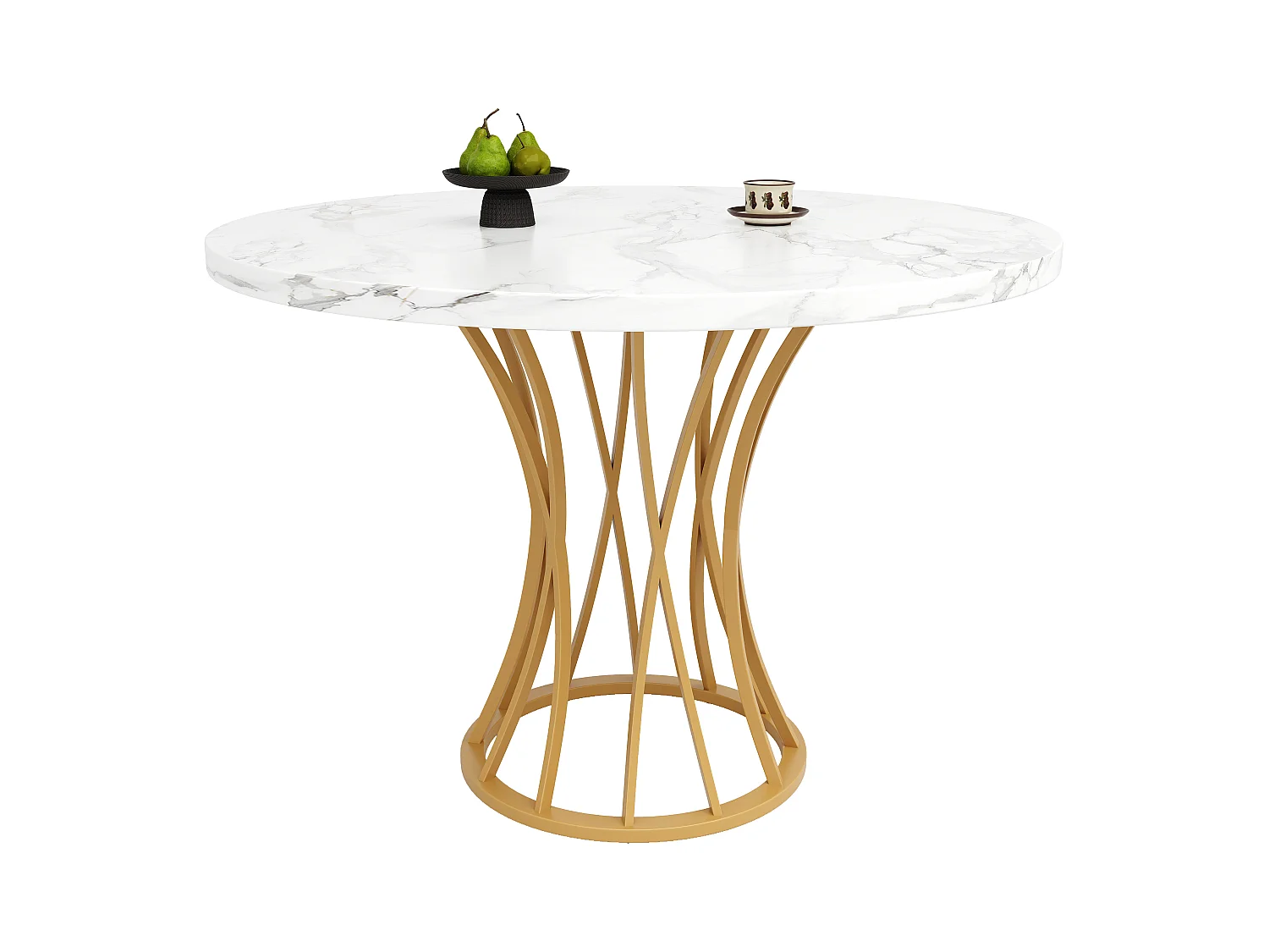 Table à Manger Ronde, Design Moderne, MDF, Pieds Métalliques Noirs, Plateau Effet Marbre Blanc, (80 x 80 x 76 cm)