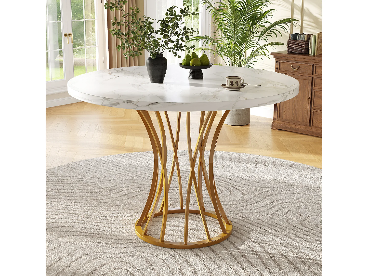 Table à Manger Ronde, Design Moderne, MDF, Pieds Métalliques Noirs, Plateau Effet Marbre Blanc, (80 x 80 x 76 cm)
