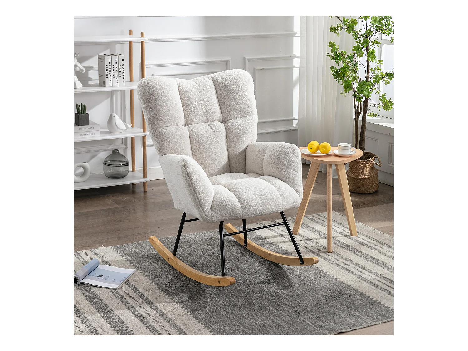 Sedia a dondolo moderna di metà secolo, in tessuto felpato, imbottita, in legno e metallo, bianca (80x70x95 cm)