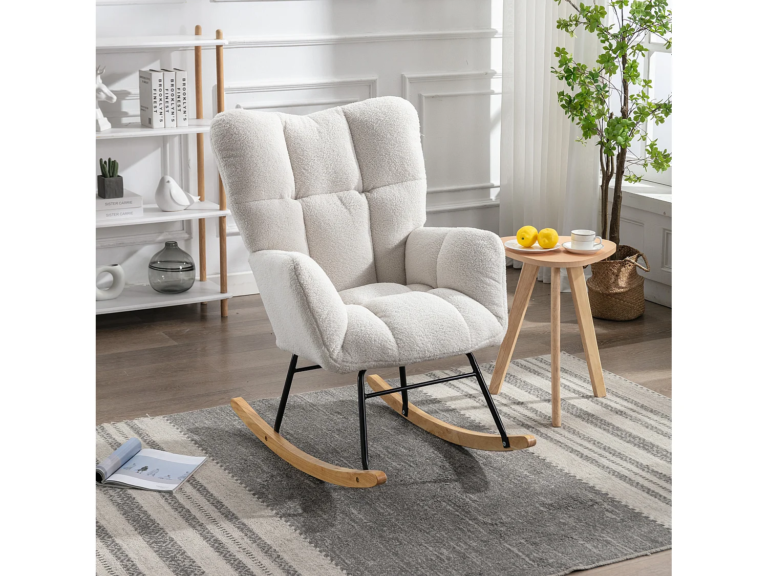 Chaise à bascule moderne Mid-Century, tissu Tissu peluche, capitonné, bois et métal, blanc (80x70x95 cm)