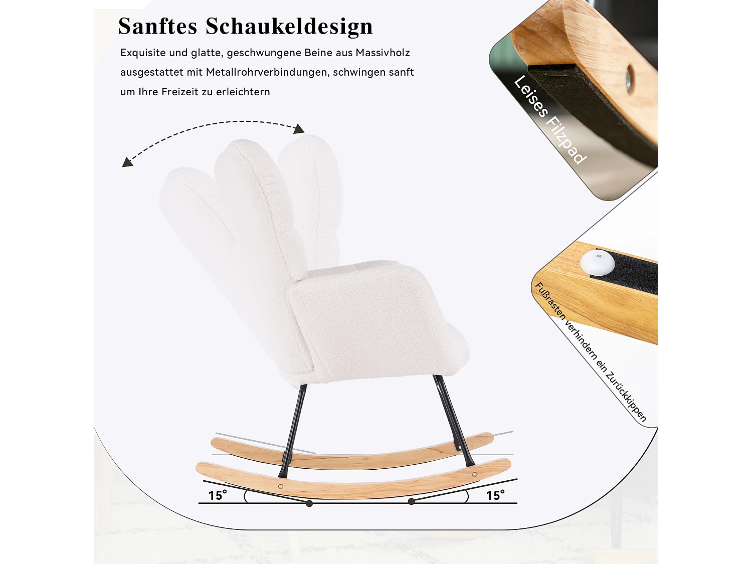 Chaise à bascule moderne Mid-Century, tissu Tissu peluche, capitonné, bois et métal, blanc (80x70x95 cm)