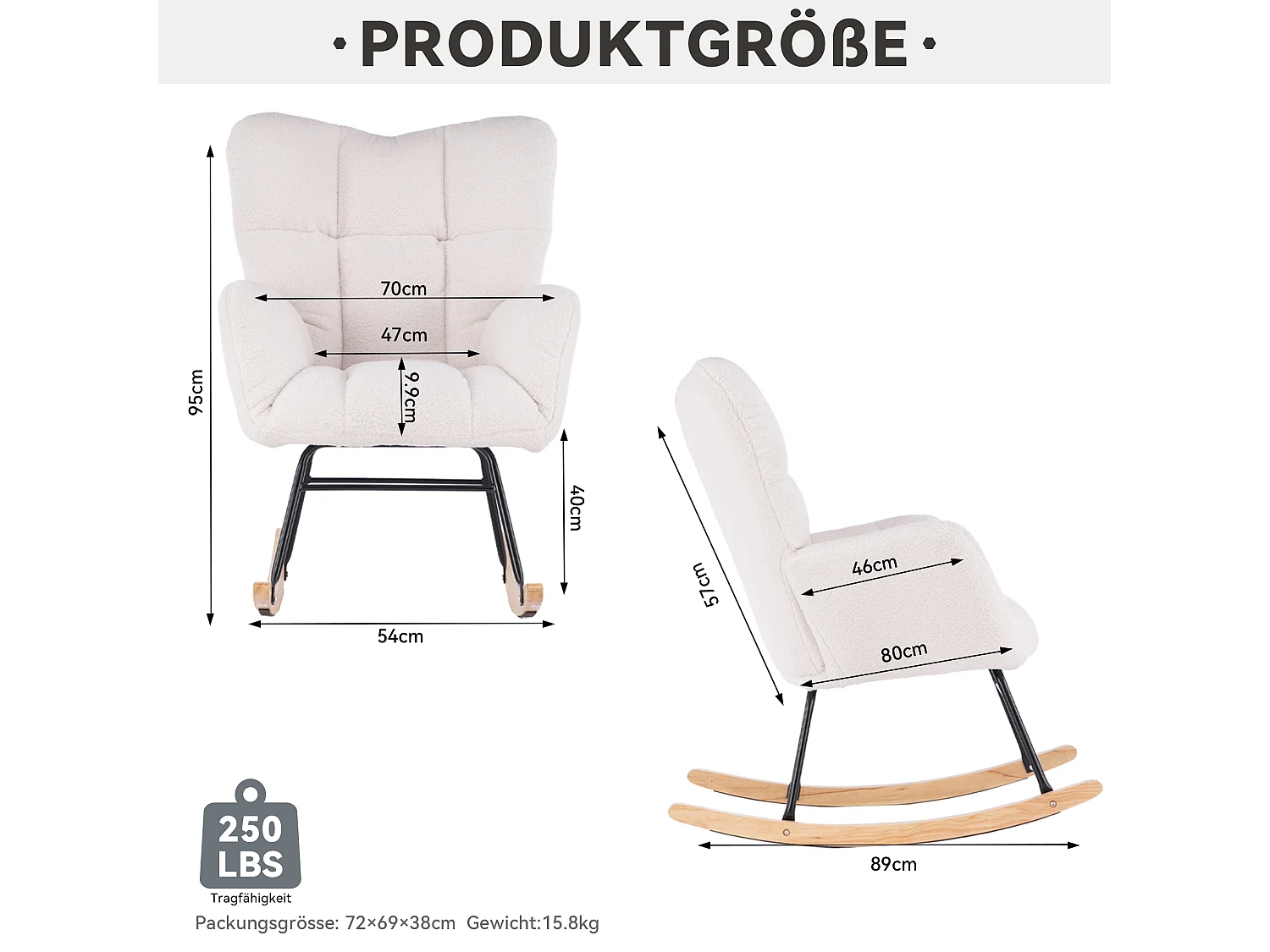 Chaise à bascule moderne Mid-Century, tissu Tissu peluche, capitonné, bois et métal, blanc (80x70x95 cm)