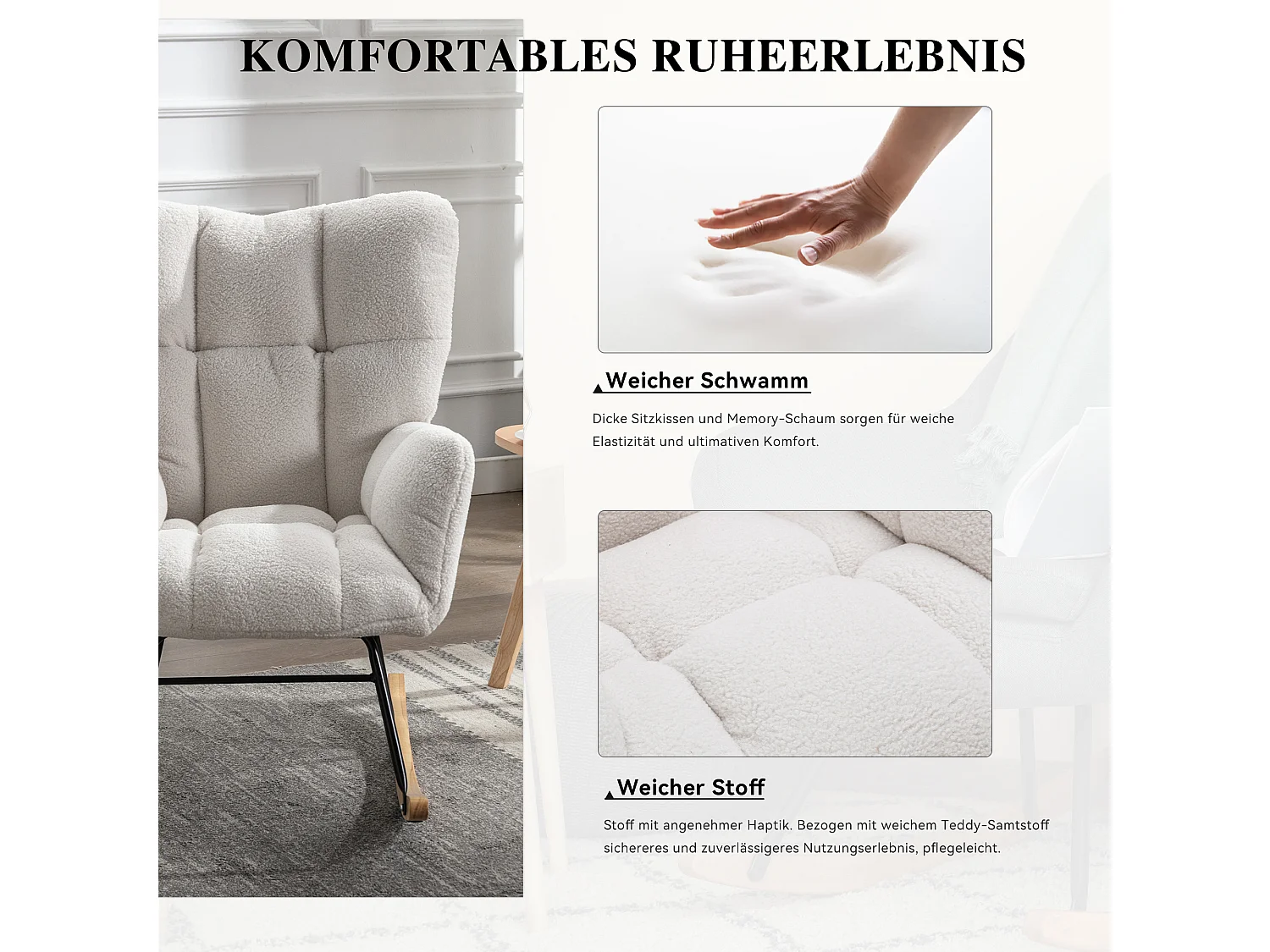 Chaise à bascule moderne Mid-Century, tissu Tissu peluche, capitonné, bois et métal, blanc (80x70x95 cm)