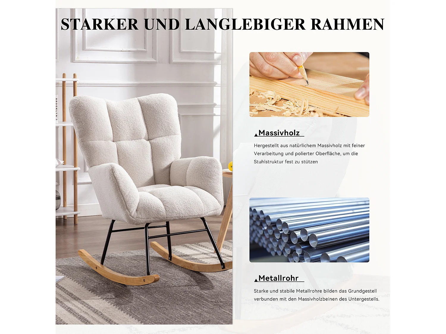 Chaise à bascule moderne Mid-Century, tissu Tissu peluche, capitonné, bois et métal, blanc (80x70x95 cm)