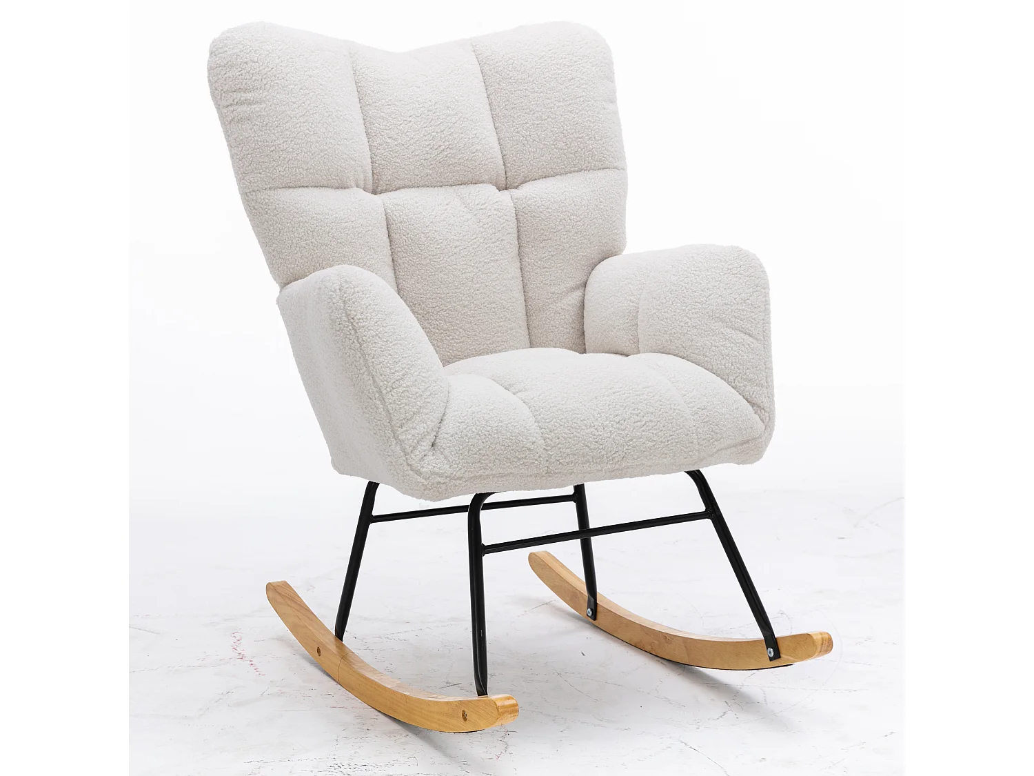 Chaise à bascule moderne Mid-Century, tissu Tissu peluche, capitonné, bois et métal, blanc (80x70x95 cm)