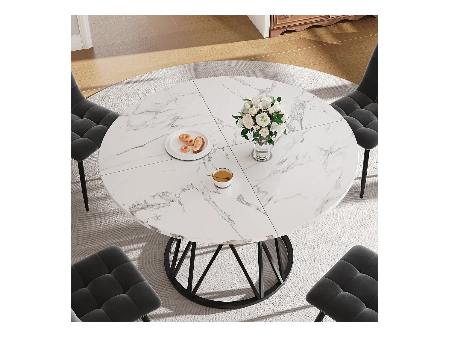 Table ronde design, plateau MDF marbré, pieds métal noir, pour salle à manger et salon (100x100x76cm)