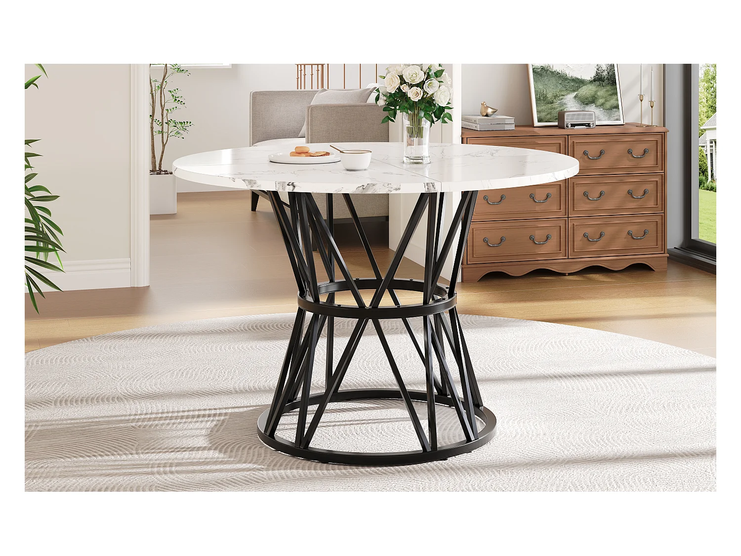 Table ronde design, plateau MDF marbré, pieds métal noir, pour salle à manger et salon (100x100x76cm)