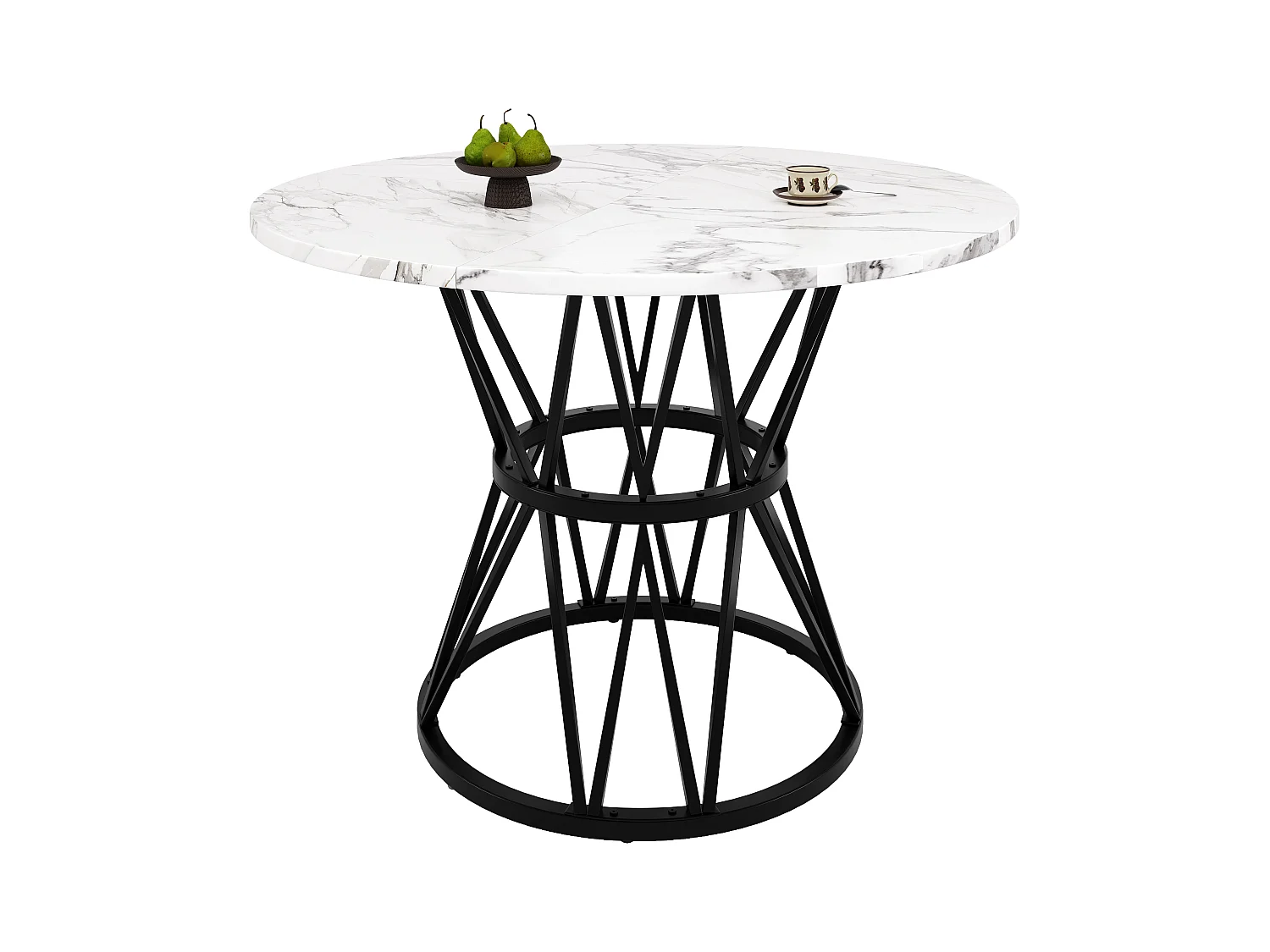 Table ronde design, plateau MDF marbré, pieds métal noir, pour salle à manger et salon (100x100x76cm)