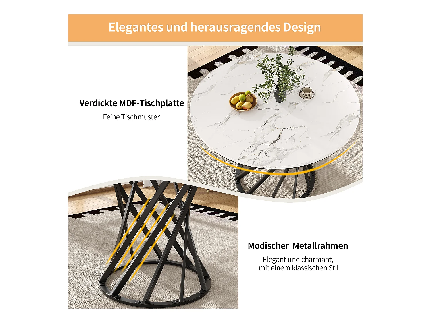 Table Ronde avec Pieds Métalliques Noirs, MDF Effet Marbre, 100 cm de Diamètre, Pour 4 Personnes (100x100x76 cm)