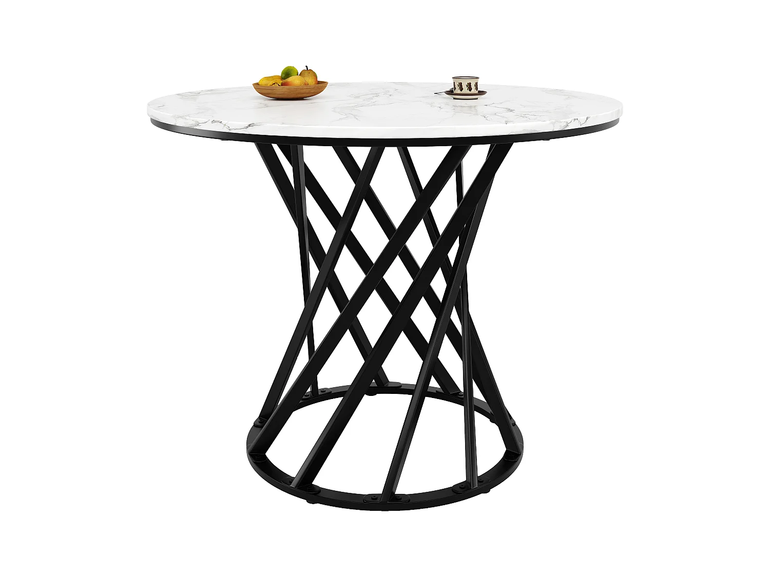 Table Ronde avec Pieds Métalliques Noirs, MDF Effet Marbre, 100 cm de Diamètre, Pour 4 Personnes (100x100x76 cm)