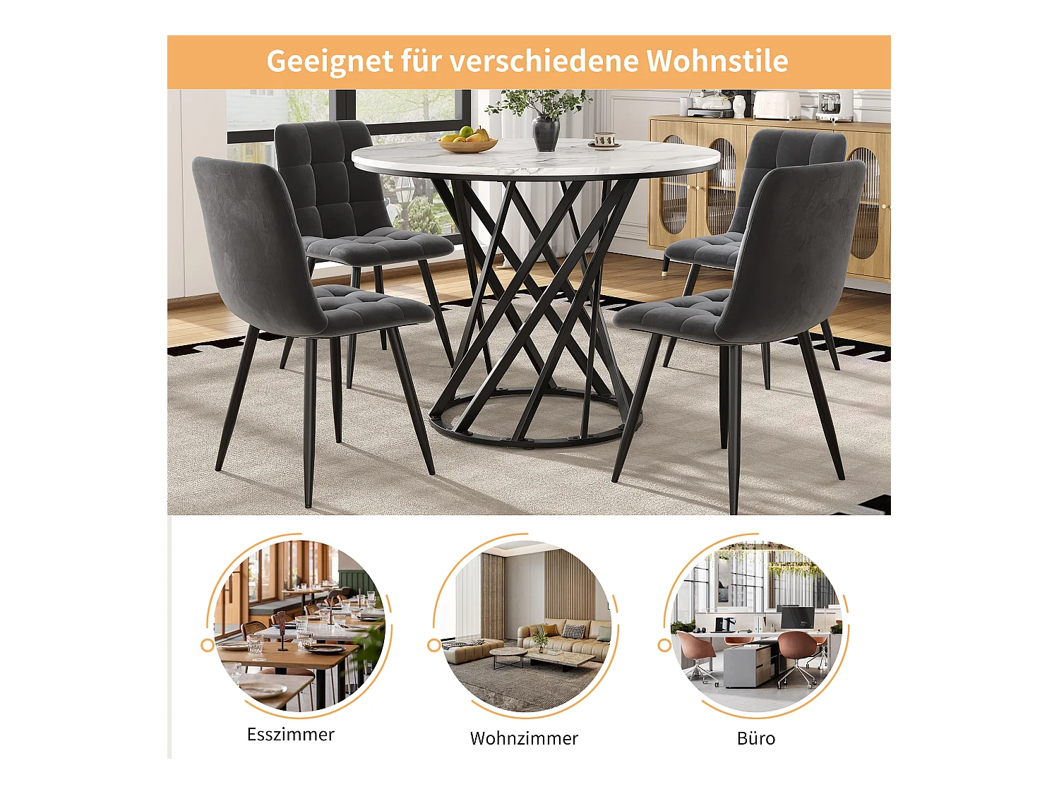 Table Ronde avec Pieds Métalliques Noirs, MDF Effet Marbre, 100 cm de Diamètre, Pour 4 Personnes (100x100x76 cm)