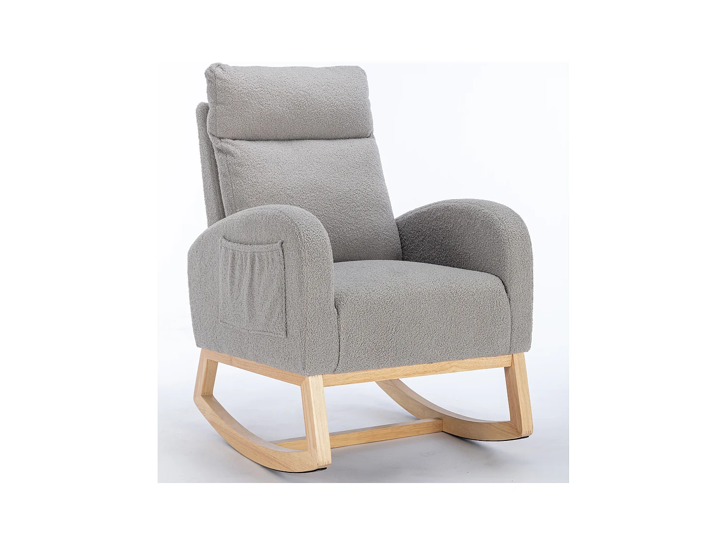 Mid-Century moderne schommelstoel in pluche stof, gewatteerde armleuningen, grijs (88x71x104,5 cm)