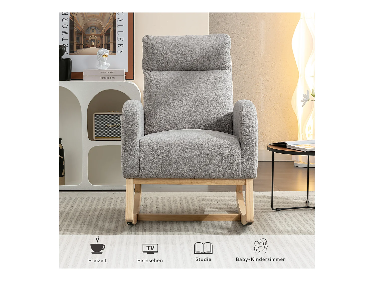 Mid-Century moderne schommelstoel in pluche stof, gewatteerde armleuningen, grijs (88x71x104,5 cm)