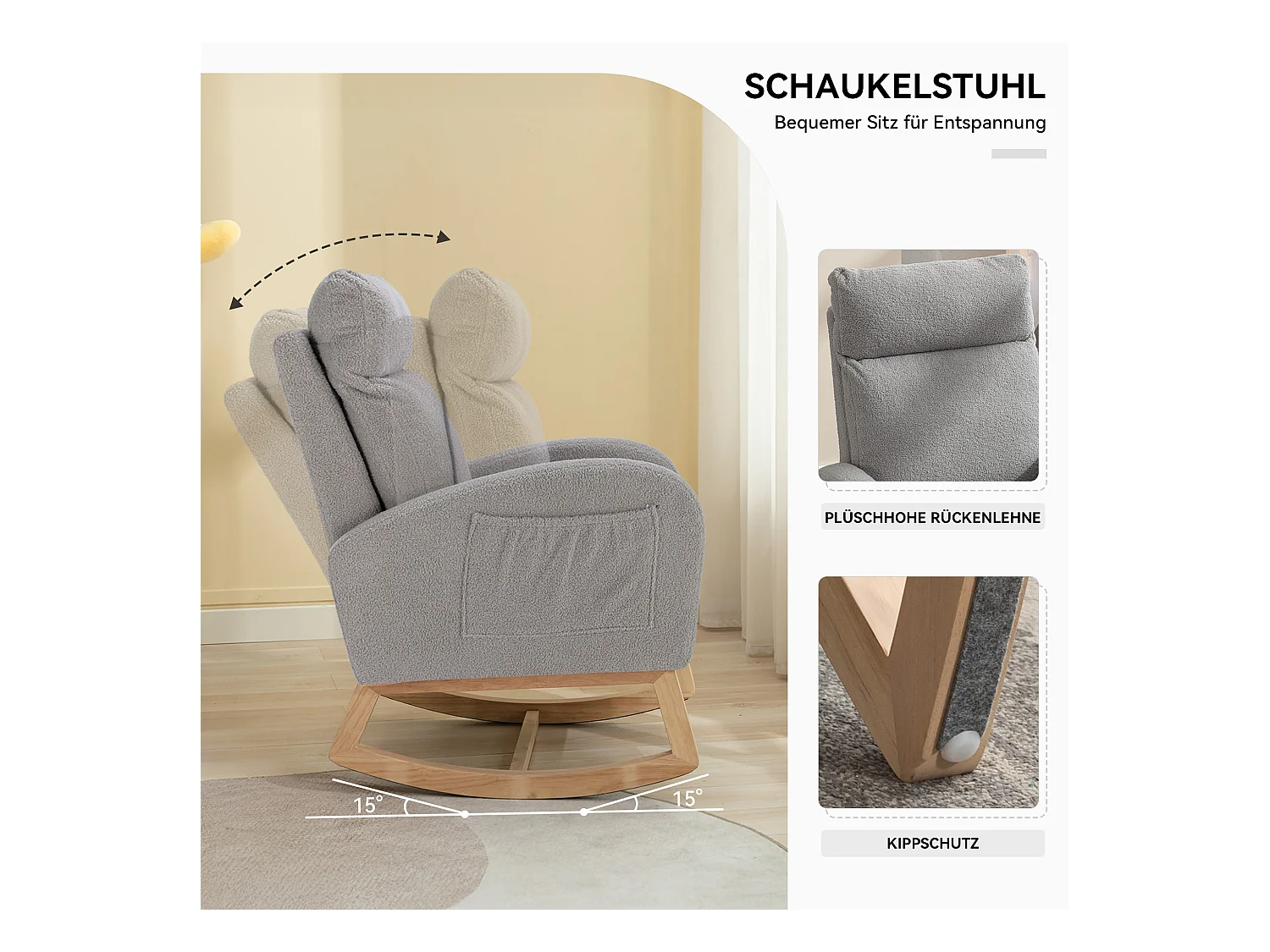 Mid-Century moderne schommelstoel in pluche stof, gewatteerde armleuningen, grijs (88x71x104,5 cm)