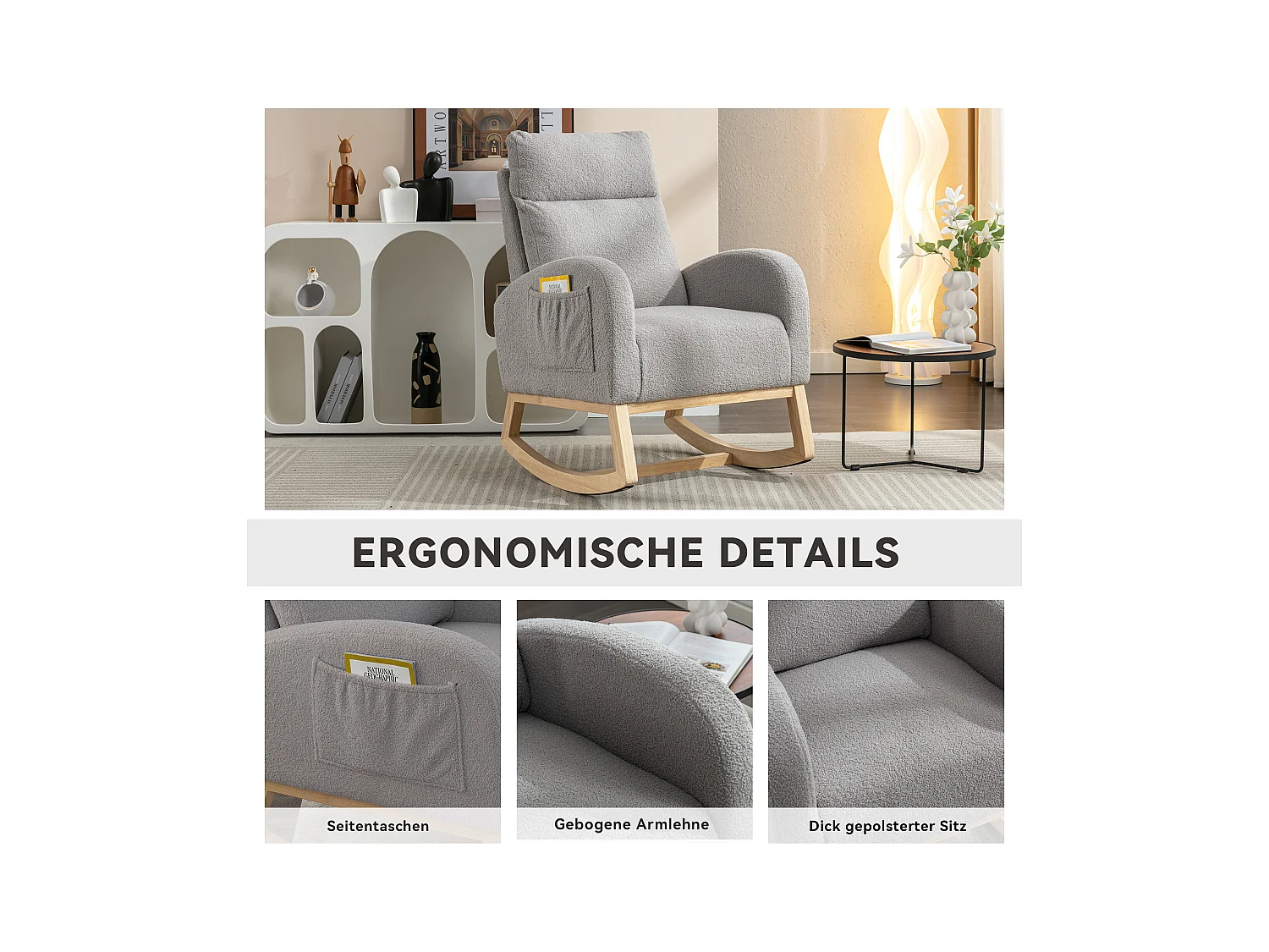 Mid-Century moderne schommelstoel in pluche stof, gewatteerde armleuningen, grijs (88x71x104,5 cm)