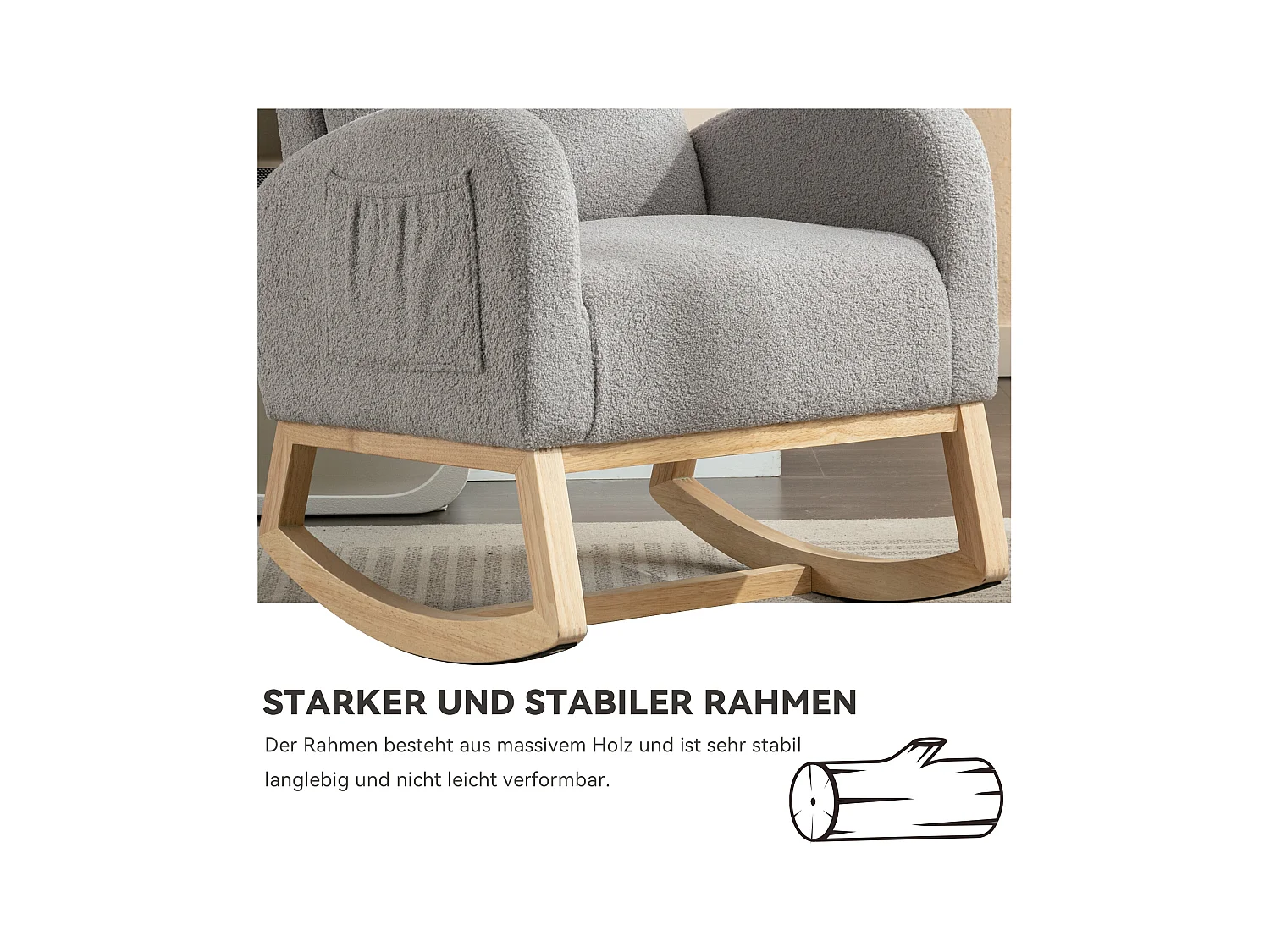 Mid-Century moderne schommelstoel in pluche stof, gewatteerde armleuningen, grijs (88x71x104,5 cm)