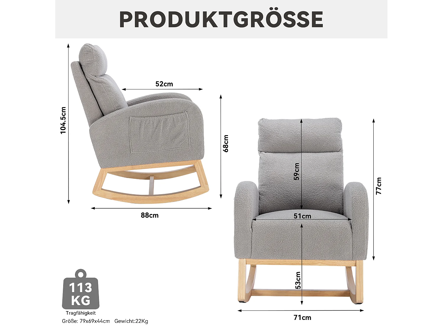 Mid-Century moderne schommelstoel in pluche stof, gewatteerde armleuningen, grijs (88x71x104,5 cm)