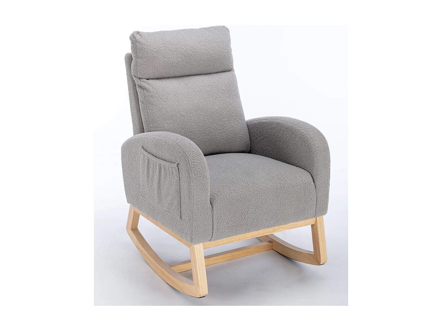 Mid-Century moderne schommelstoel in pluche stof, gewatteerde armleuningen, grijs (88x71x104,5 cm)