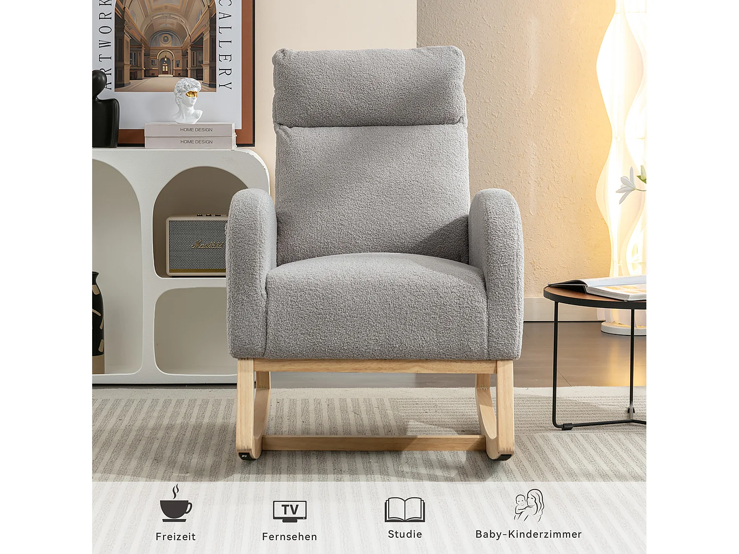 Chaise Berçante Mid-Century Moderne en Tissu Tissu peluche, Accoudoirs Rembourrés, Gris (88x71x104.5 cm)