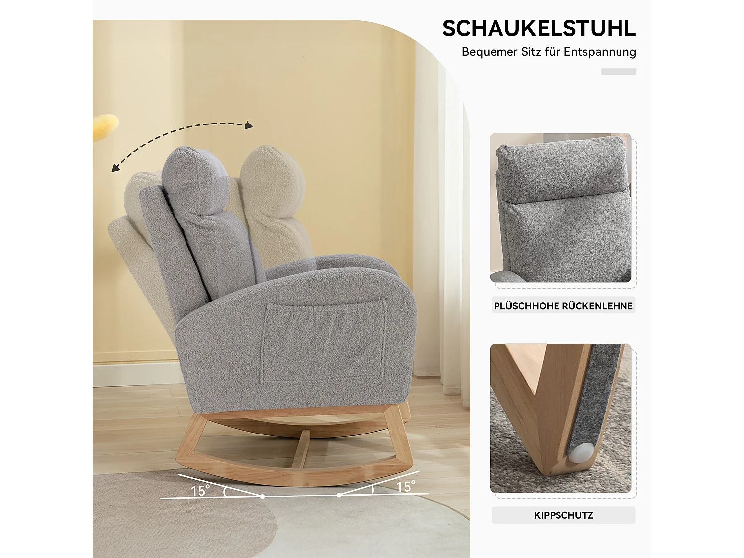 Chaise Berçante Mid-Century Moderne en Tissu Tissu peluche, Accoudoirs Rembourrés, Gris (88x71x104.5 cm)