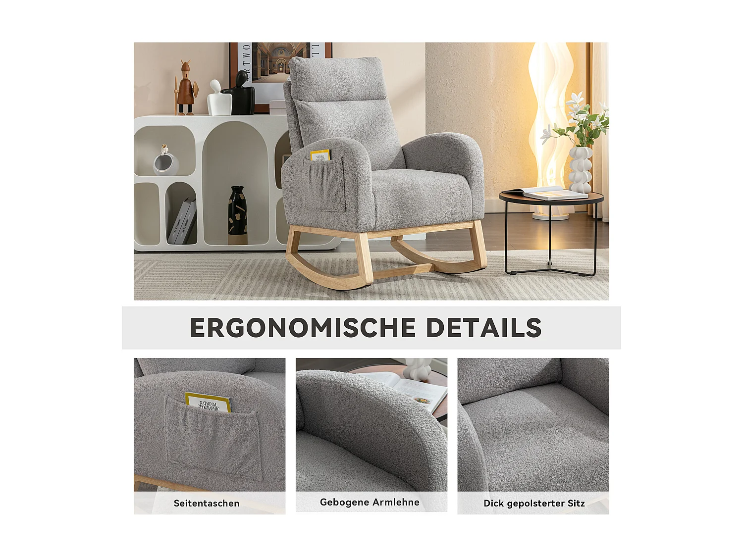 Chaise Berçante Mid-Century Moderne en Tissu Tissu peluche, Accoudoirs Rembourrés, Gris (88x71x104.5 cm)