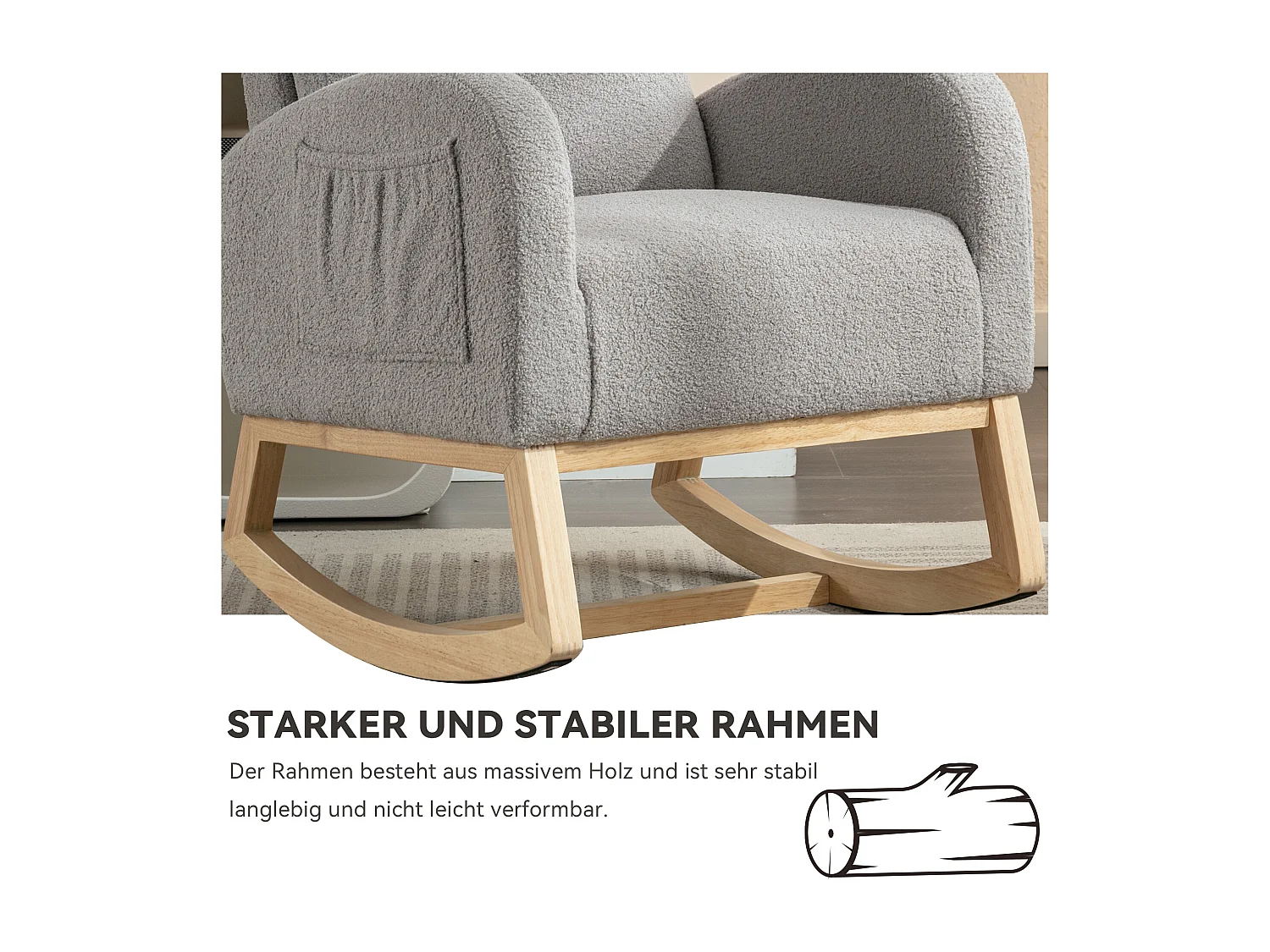 Chaise Berçante Mid-Century Moderne en Tissu Tissu peluche, Accoudoirs Rembourrés, Gris (88x71x104.5 cm)