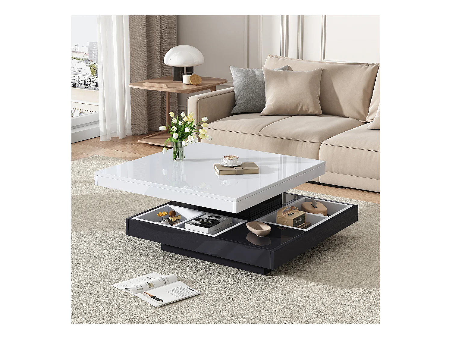 Moderne salontafel met hoogglans bovenblad, wit en zwart MDF, 360° draaibaar, (70x70x36 cm)