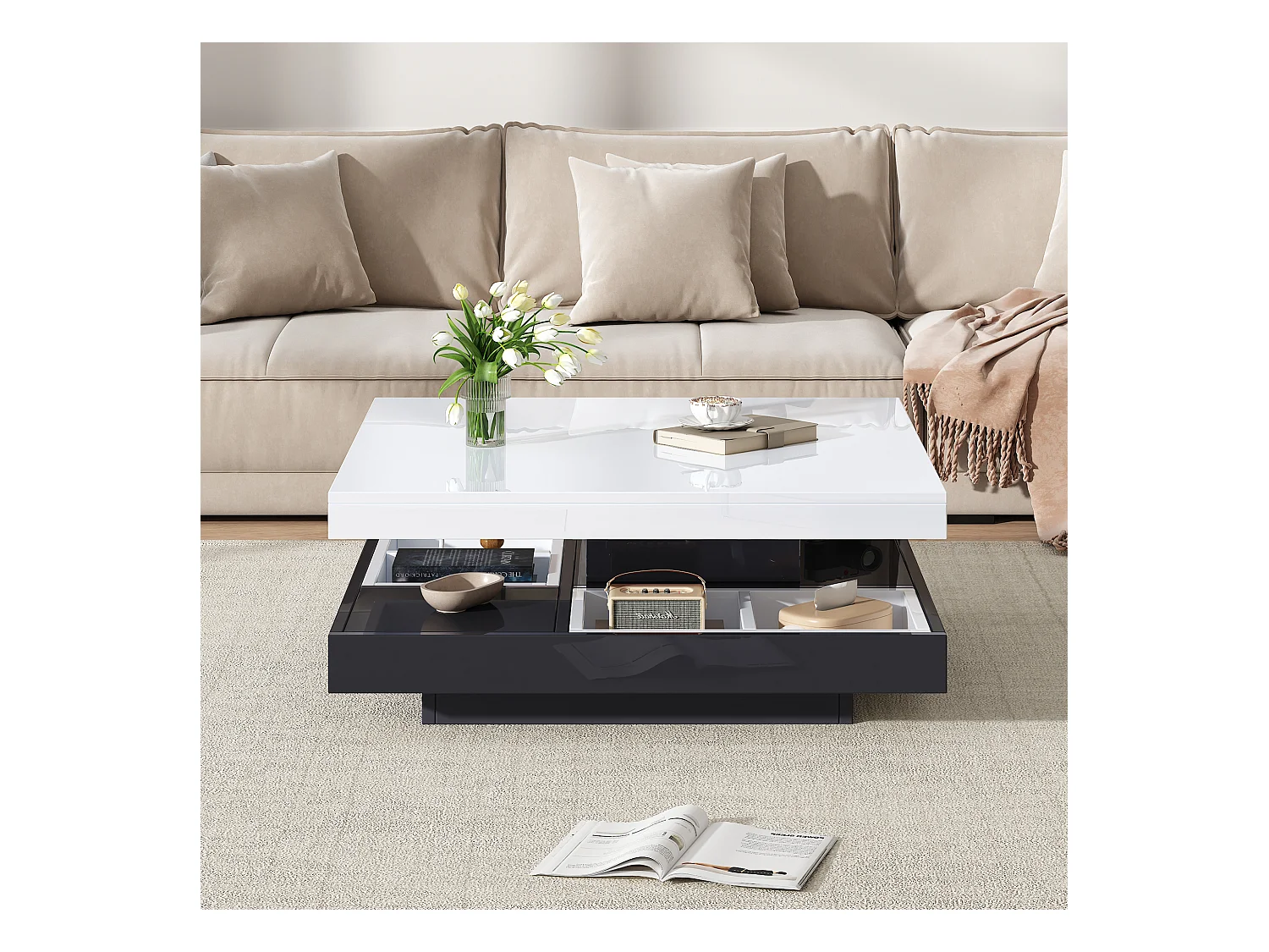 Moderne salontafel met hoogglans bovenblad, wit en zwart MDF, 360° draaibaar, (70x70x36 cm)