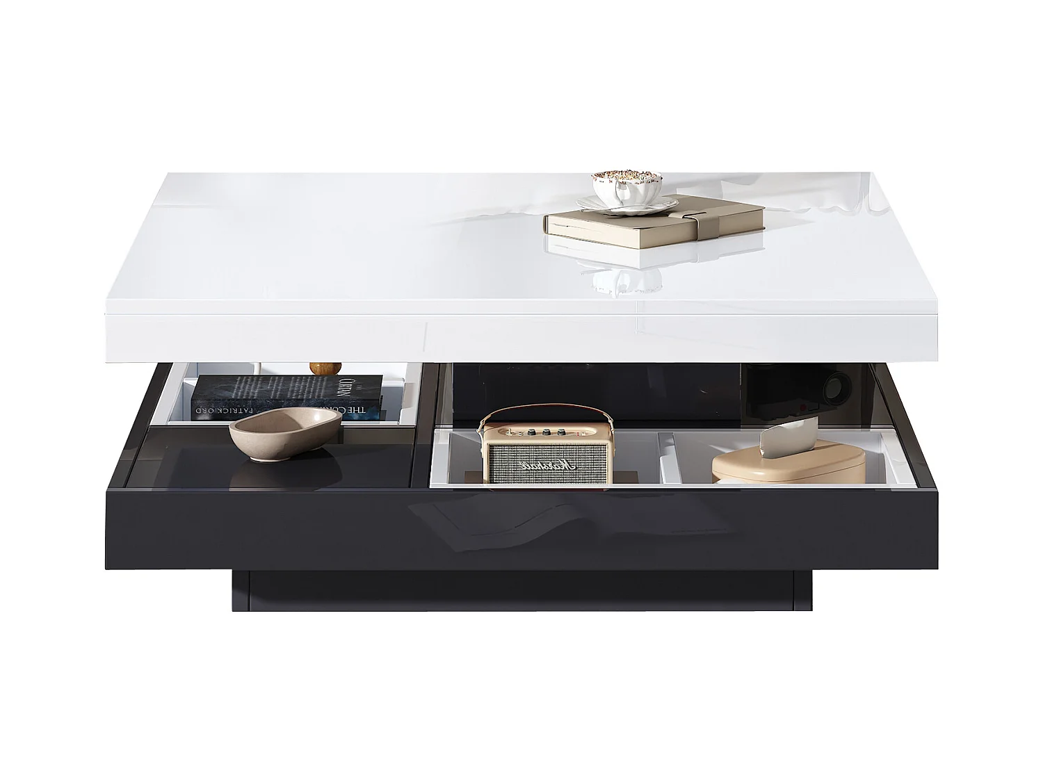 Moderne salontafel met hoogglans bovenblad, wit en zwart MDF, 360° draaibaar, (70x70x36 cm)