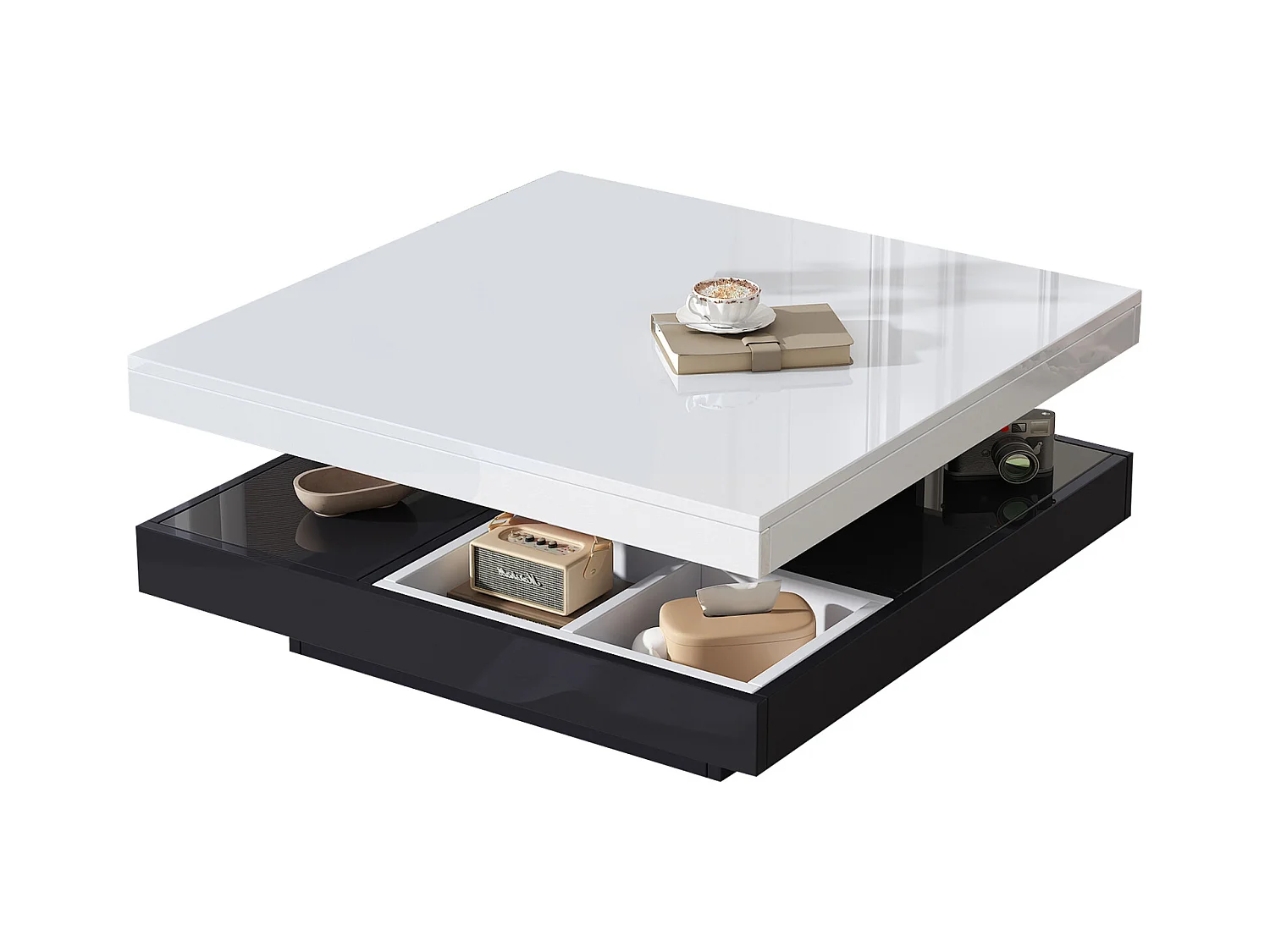 Moderne salontafel met hoogglans bovenblad, wit en zwart MDF, 360° draaibaar, (70x70x36 cm)