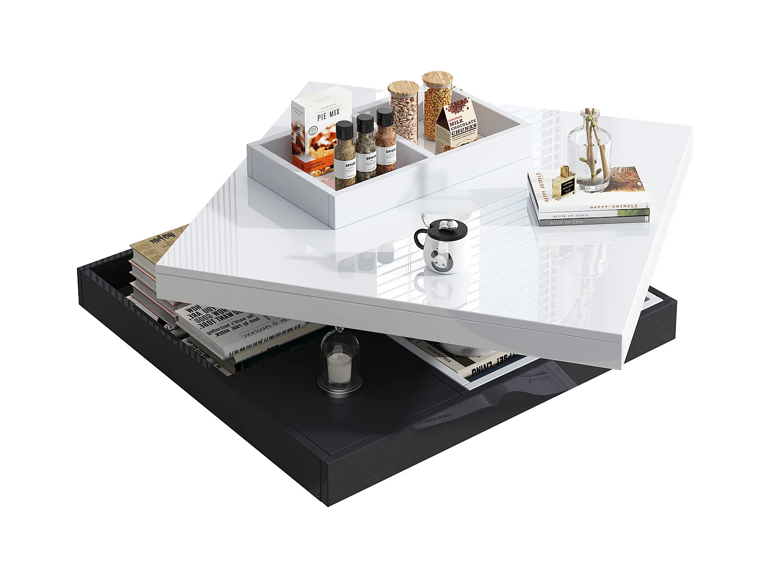 Moderne salontafel met hoogglans bovenblad, wit en zwart MDF, 360° draaibaar, (70x70x36 cm)