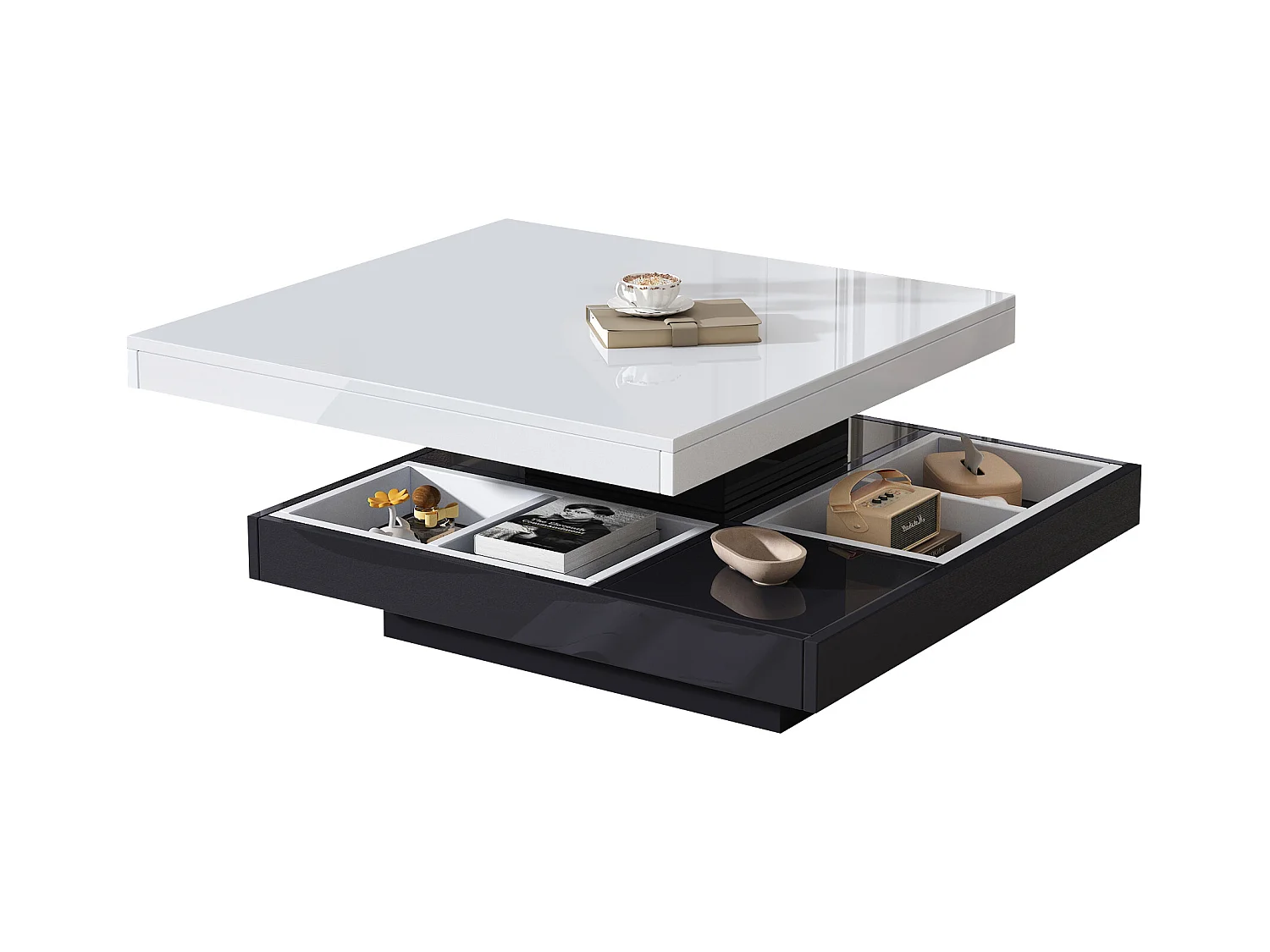 Moderne salontafel met hoogglans bovenblad, wit en zwart MDF, 360° draaibaar, (70x70x36 cm)