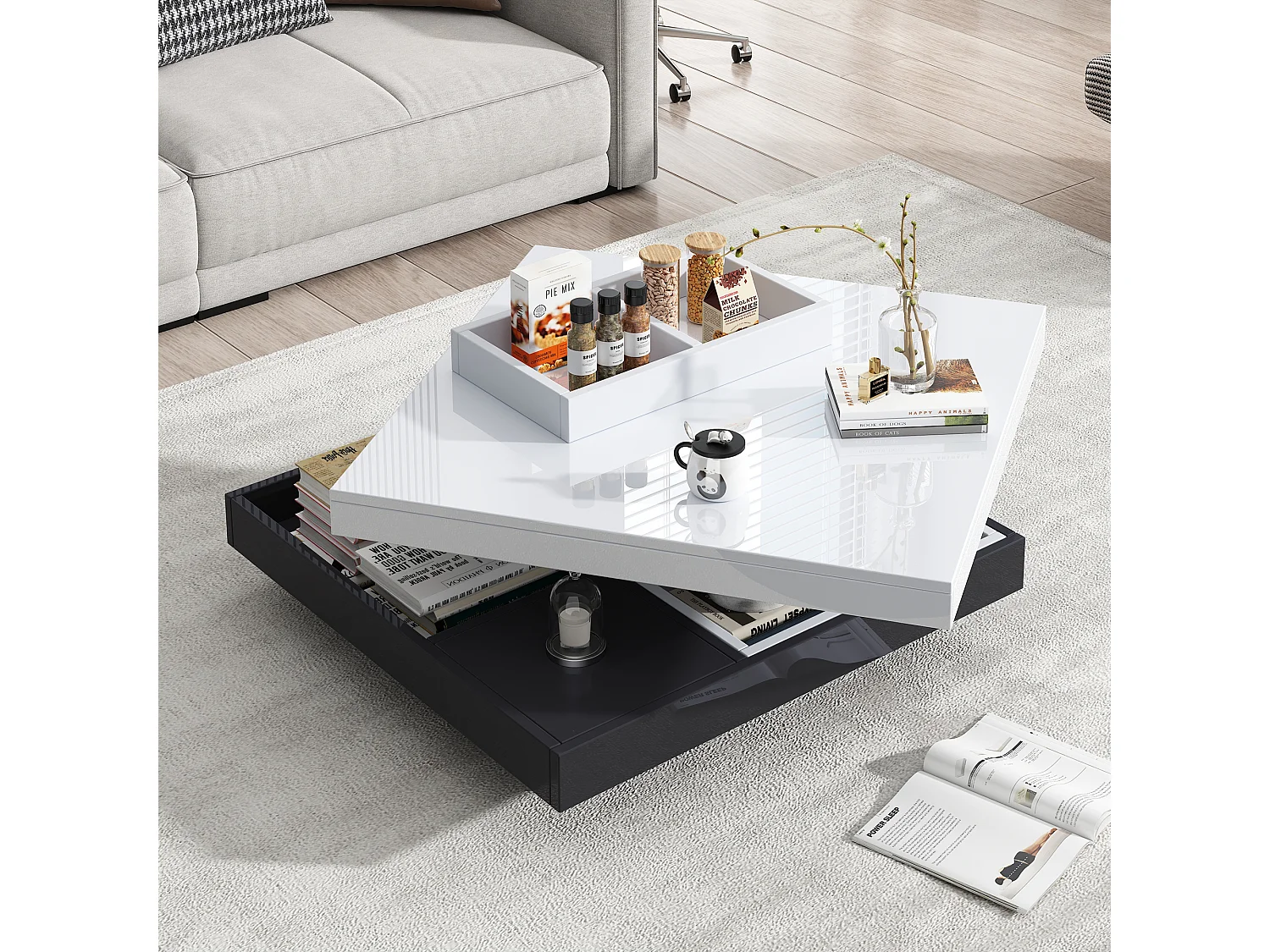 Table basse moderne avec plateau haut brillant, MDF blanc et noir, 360° rotatif, (70x70x36 cm)