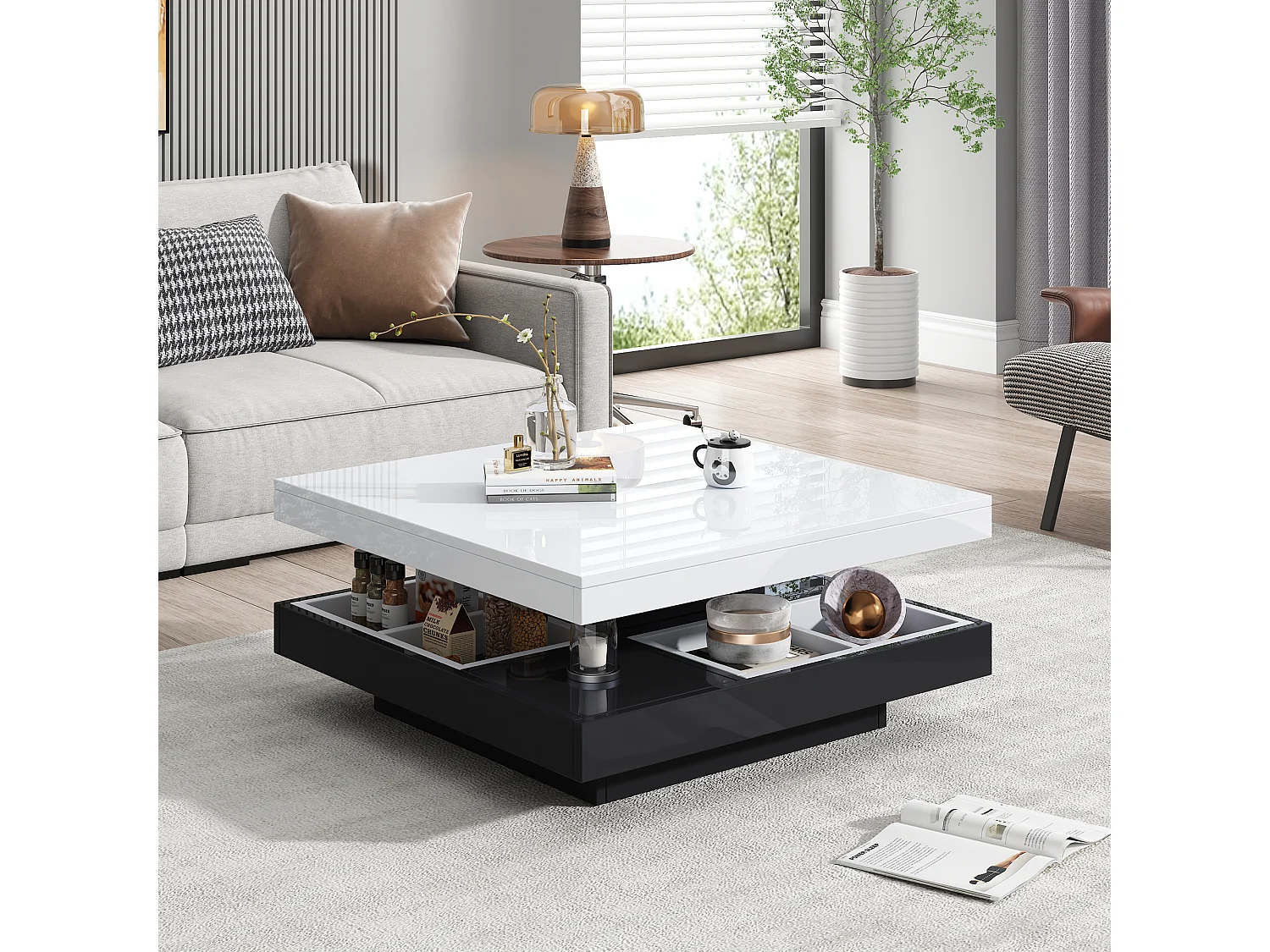 Table basse moderne avec plateau haut brillant, MDF blanc et noir, 360° rotatif, (70x70x36 cm)