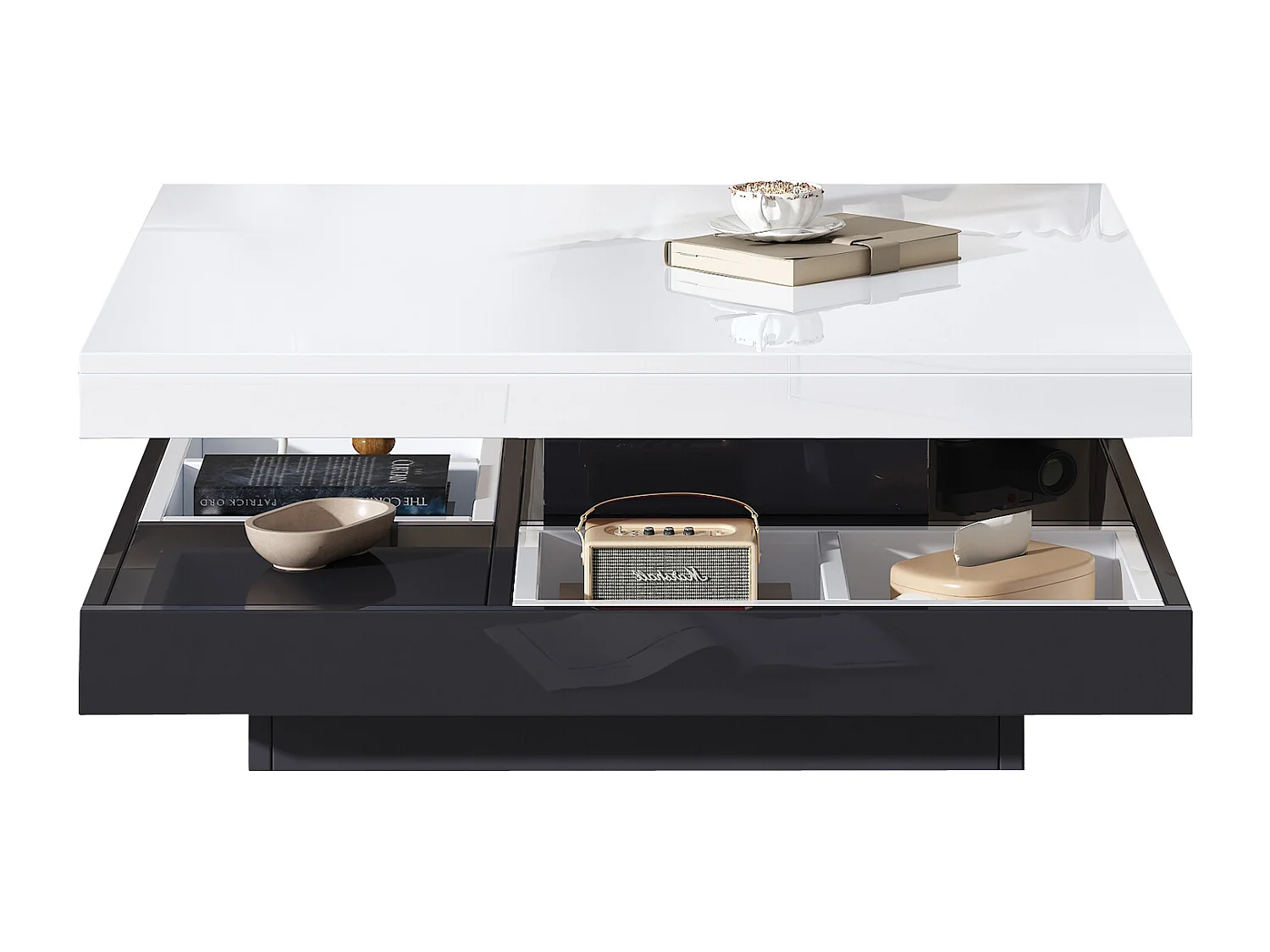 Table basse moderne avec plateau haut brillant, MDF blanc et noir, 360° rotatif, (70x70x36 cm)