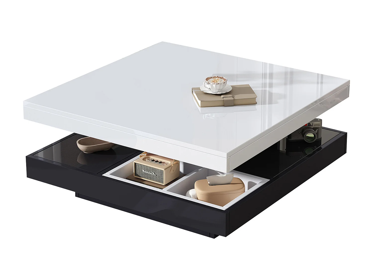 Table basse moderne avec plateau haut brillant, MDF blanc et noir, 360° rotatif, (70x70x36 cm)