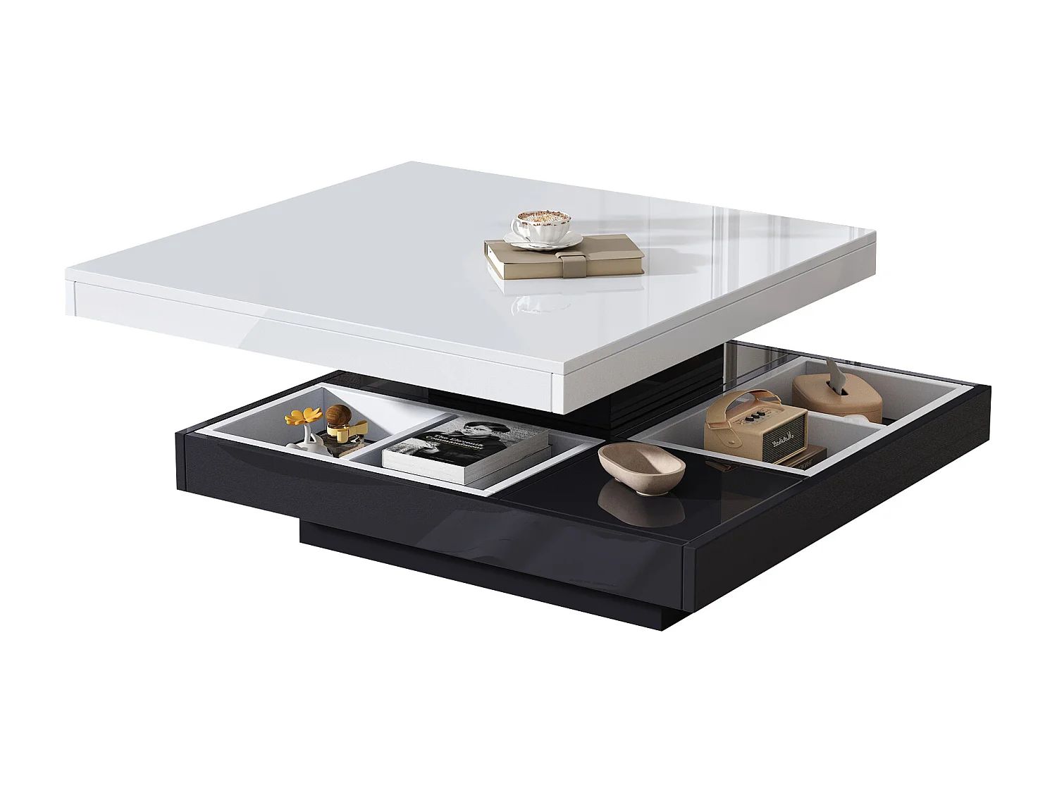 Table basse moderne avec plateau haut brillant, MDF blanc et noir, 360° rotatif, (70x70x36 cm)