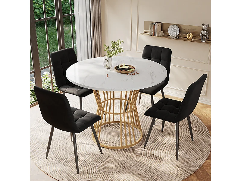 Table ronde en MDF avec pieds métalliques dorés, design moderne, marbre blanc, pour cuisine ou salle à manger (100x100x75 cm)