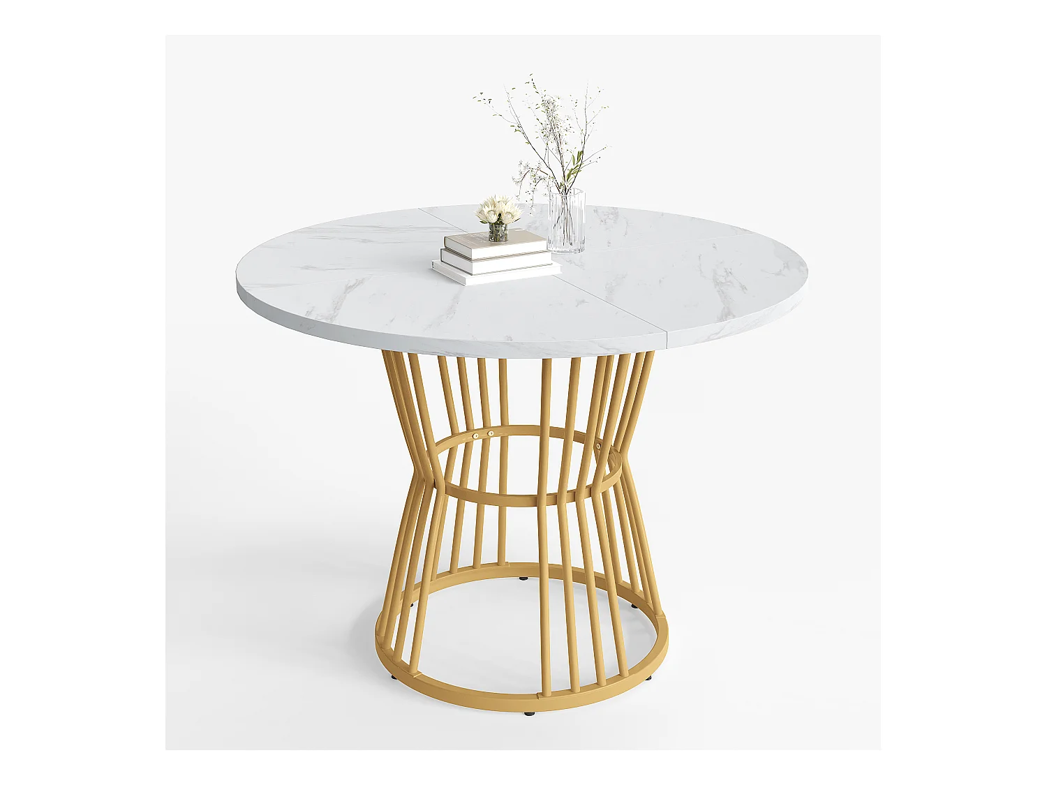 Mesa redonda de MDF con patas de metal dorado, diseño moderno, mármol blanco, para cocina o comedor (100x100x75 cm)