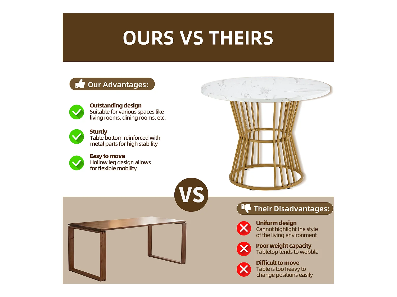 Table ronde en MDF avec pieds métalliques dorés, design moderne, marbre blanc, pour cuisine ou salle à manger (100x100x75 cm)