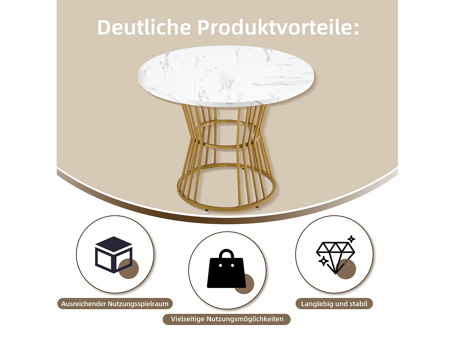 Table ronde en MDF avec pieds métalliques dorés, design moderne, marbre blanc, pour cuisine ou salle à manger (100x100x75 cm)