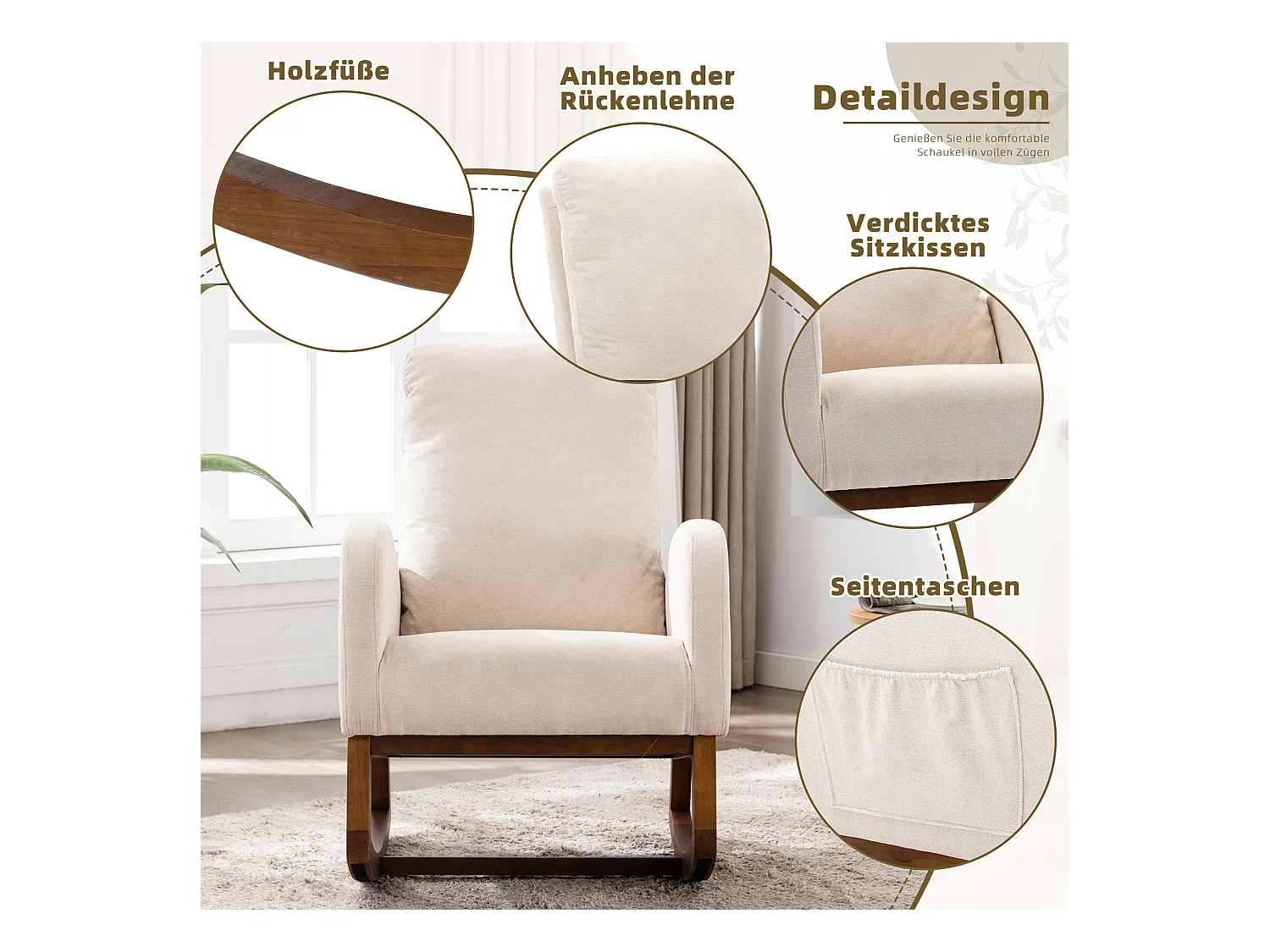 Fauteuil à bascule moderne, Design Mid-Century, Accoudoirs longs, Tissu en lin, Beige (100x69x94 cm)